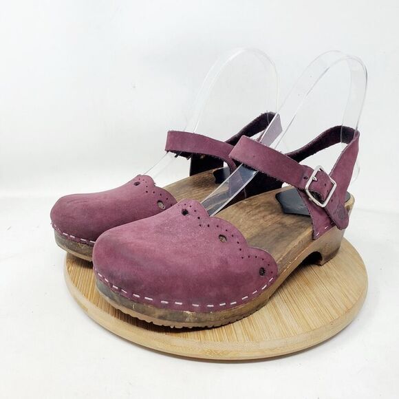 Sandgrens Milan Clogs Womens 36 Plum Nubuck Leather Scalloped Edge Straps Shoes - Picture 2 of 14